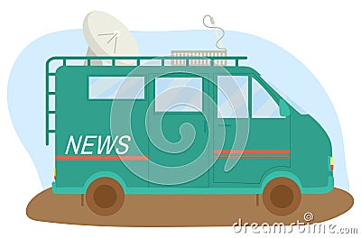 Vehicle minibus news channel special transport, wagon with satellite antenna and journalism equipment flat vector Cartoon Illustration