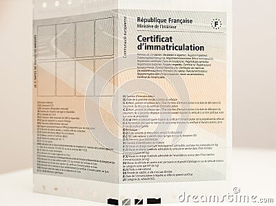 Vehicle registration certificate certificat d`immatriculation k Editorial Stock Photo