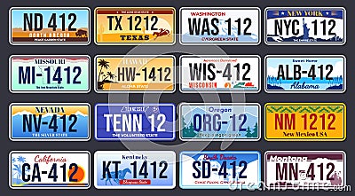 Vehicle registration numbers in the USA. Abstract beautiful license plates for different states of America. Vector Vector Illustration