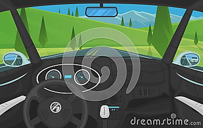 Vehicle salon, Driver view. Dashboard control in a smart car. Virtual control or auto piloted simulation. Traffic on a Vector Illustration