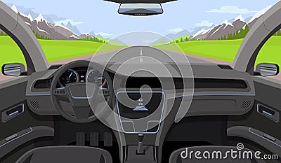Vehicle salon, inside car driver view with rudder, dashboard and road, landscape in windshield. Driving simulator vector Vector Illustration