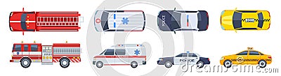 Vehicle set. Transport top view. Police car ambulance fire engine taxi vector flat isolated. Urban special transport Vector Illustration