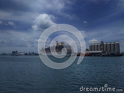 Vehicle ship sea water craft ferry harbor boat channel ocean coast port horizon bay cloud Editorial Stock Photo