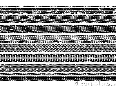 Vehicle tire tracks. Tread grunge track wheel trace trail dirty road speed skid auto scratch print texture collection Vector Illustration