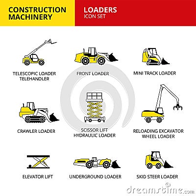 vehicle and transport construction machinery icons set Vector Illustration