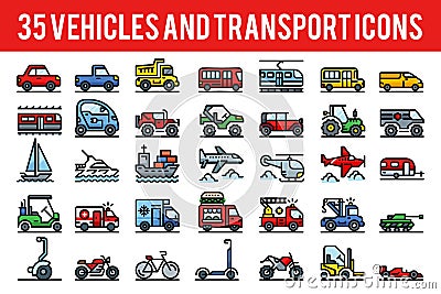 35 Vehicle and transport outline color icons Vector Illustration