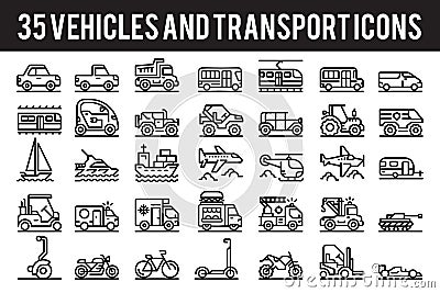 35 Vehicle and transport outline icons sign and symbols Vector Illustration