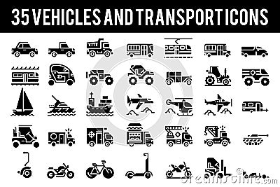 35 Vehicle and transport solid icons sign and symbols. Vector Illustration