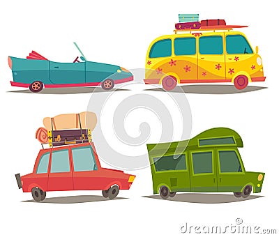 Vehicle transport for travel vector set. Car for family weekend trip, Cabriolet, Motorhome Vector Illustration