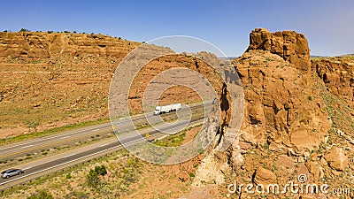 Vehicle and Truck Traffic Travel Along Interstate 40 in New Mexico Stock Photo