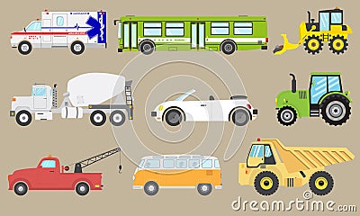 Vehicle vector set car icon isolated ambulance , bus , van , industrial autos Vector Illustration