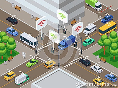 Vehicles with infrared sensor device. Unmanned smart cars in city traffic vector illustration Vector Illustration