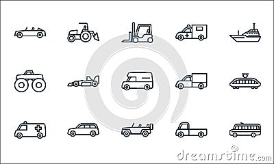 vehicles line icons. linear set. quality vector line set such as school bus, jeep, ambulance, pickup, minivan, monster truck, Vector Illustration