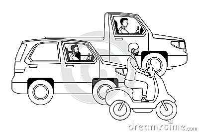 Vehicles and motorcycle with drivers riding in black and white Vector Illustration