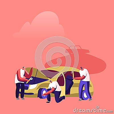Vehicles Utilization Concept. Mechanics Characters Work on Junkyard Disassemble Old Used Automobile or Damaged Car Vector Illustration