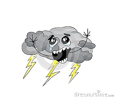 Crying internet meme illustration of Cloud with thunder Cartoon Illustration