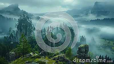 Veiled in Mist: Emerald Mountain Mystery Stock Photo