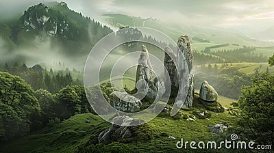 Veiled in Mist: Emerald Mountain Mystery Stock Photo