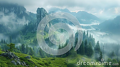 Veiled in Mist: Emerald Mountain Mystery Stock Photo