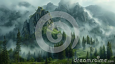 Veiled in Mist: Emerald Mountain Mystery Stock Photo