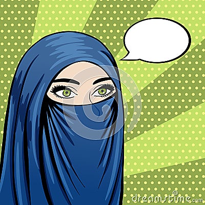 Veiled muslim woman in Niqab pop art comics style. Vector Arabic woman face with speech bubble Vector Illustration