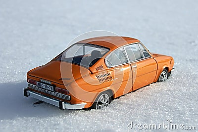 Vejprty, Czech republic - January 30, 2019: model of legendary czechoslovak car Skoda 110R named Erko from year 1980 in winter Editorial Stock Photo