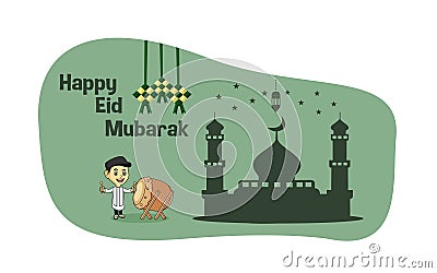 Vektor illustration of Happy Eid Mubarak with Cartoon Character Bedug Vector Illustration