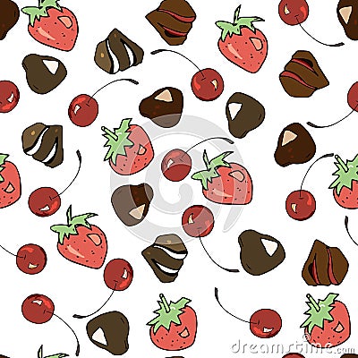 Vektor sweets seamless pattern: chocolates, cherries, strawberries for decorating cafes, packing sweets and more Vector Illustration