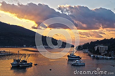 Sunset in Vela Luka port, Korcula Island Editorial Stock Photo
