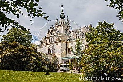 Velke Brezno, Bohemia, Czech Republic, 26 June 2021: State chateau with turret on the roof, Neo-Renaissance castle surrounded by Editorial Stock Photo