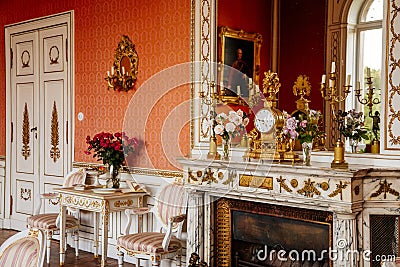 Velke Brezno, Czech Republic, 26 June 2021: chateau Velke Brezno, castle interior, baroque furniture, red dining room with open Editorial Stock Photo