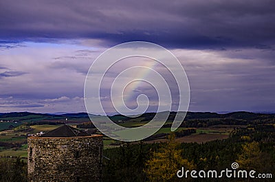 Ruins of an old castle with rainbow Stock Photo