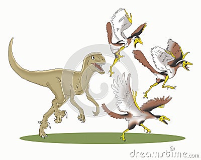 Velociraptor chased ancient birds cartoon Stock Photo