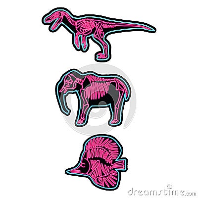 Velociraptor, elephant, fish neon skeleton illustration Cartoon Illustration