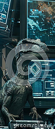 A Velociraptor in a lab setting surrounded by gadgets and screens showcasing its adaptability in modern tech development Stock Photo