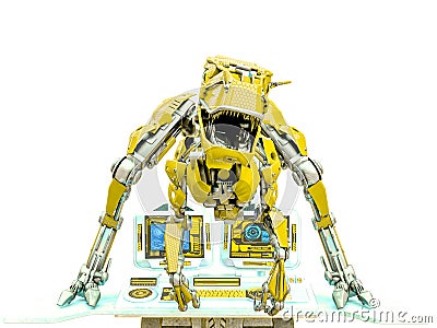 Velociraptor robot iis on the computer console Cartoon Illustration