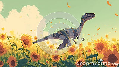 A Velociraptor stalks through a field of sunflowers its sharp claws ready to up any unsuspecting prey Stock Photo