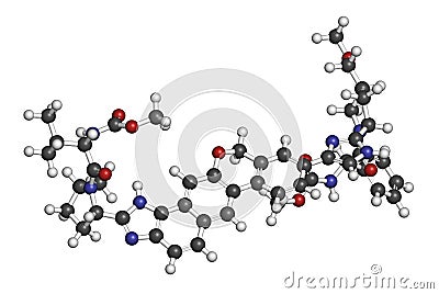 Velpatasvir hepatitis C virus (HCV) drug molecule. 3D rendering. Atoms are represented as spheres with conventional color coding: Stock Photo