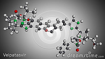 Velpatasvir molecule. It is NS5A inhibitor used to treat chronic hepatitis C infections. Molecular model. 3D rendering Stock Photo