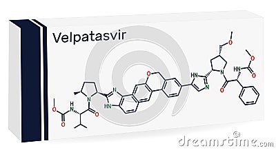 Velpatasvir molecule. It is NS5A inhibitor used to treat chronic hepatitis C infections. Skeletal chemical formula. Paper Vector Illustration