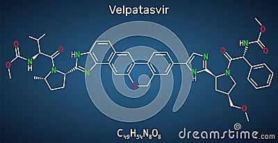 Velpatasvir molecule. It is NS5A inhibitor used to treat chronic hepatitis C infections. Structural chemical formula on the dark Vector Illustration