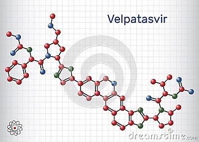 Velpatasvir molecule. It is NS5A inhibitor used to treat chronic hepatitis C infections. Structural chemical formula and molecule Vector Illustration