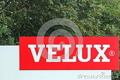 Velux logo at the entrance of the factory Editorial Stock Photo