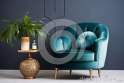 A velvet armchair that adds elegance to a vintage living room in rich jewel tones Stock Photo