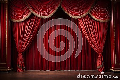 Velvety Red stage curtains. Generate Ai Stock Photo