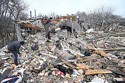 Velyka Vilshanytsia, Ukraine - March 9, 2023: Rubble of a house following a Russian strike in Lviv region Editorial Stock Photo