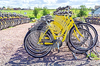 Ven, Landskrona, Sweden - 12 May 2019: Many bicycles in park lot in popular travel destination in Skane on Ven island, Southern Editorial Stock Photo