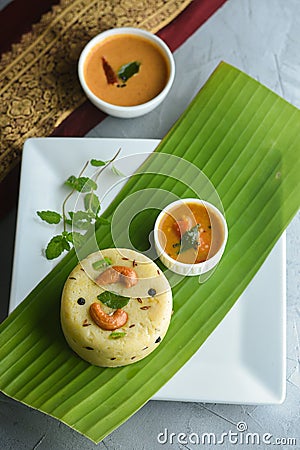 Ven Pongal with Sambar, coconut Chutney popular Indian breakfast Stock Photo