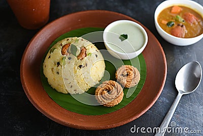 Ven Pongal with Sambar, coconut Chutney popular Indian breakfast Stock Photo