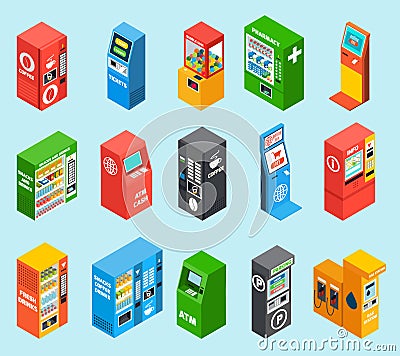 Vending Dispensing Machines Isometric Icons Collection Vector Illustration